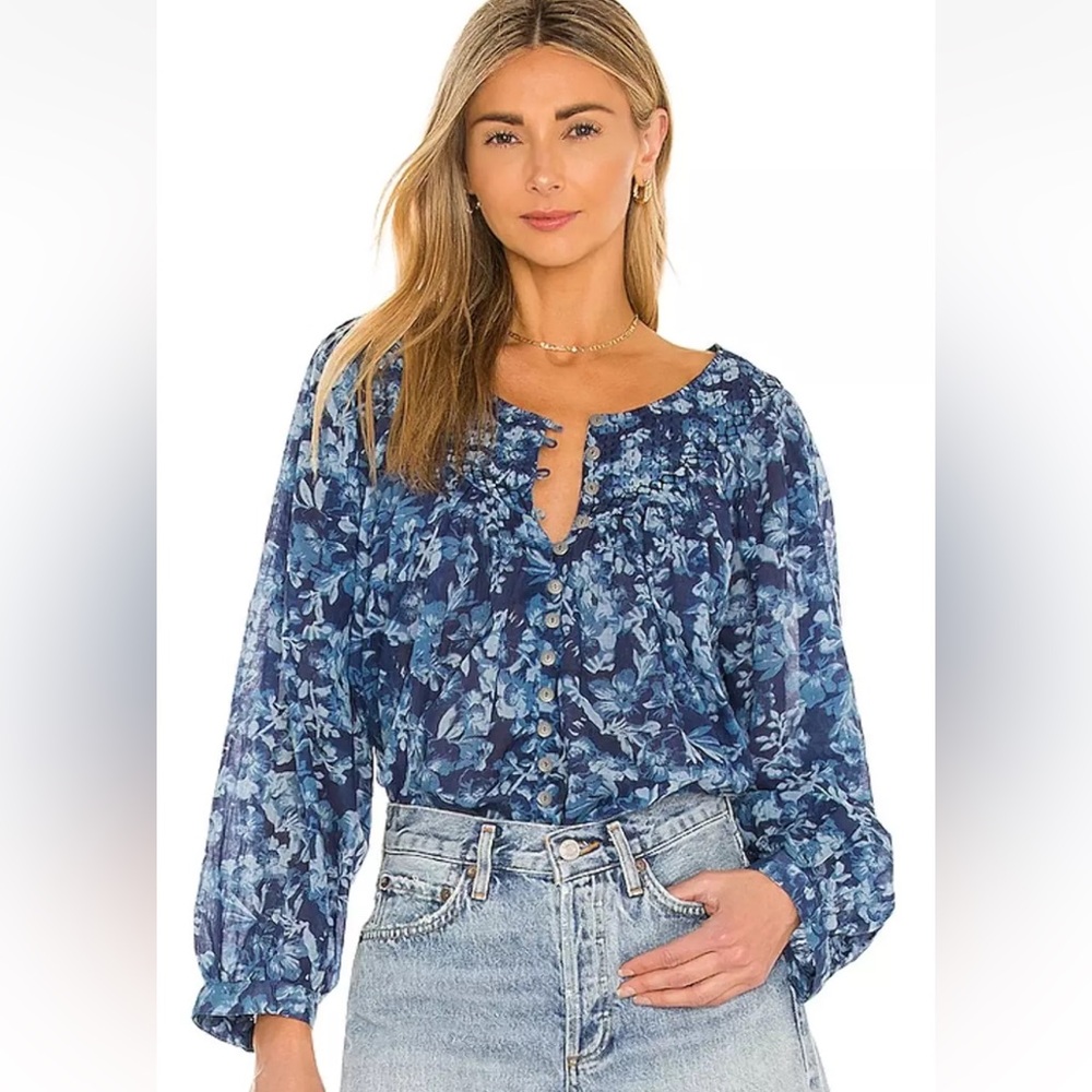 We The Free Blue Floral Button-Front Peasant Blouse
